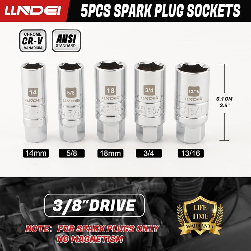 LLNDEI 3/8-Inch Drive Spark Plug Socket Set 7PCS, SAE & Metric, 5/8-inch, 3/4-inch, 13/16-inch, 14mm, 18mm, CR-V Steel Mirror Finish Sockets with Rubber Retaining Rings, Universal Joint, Extension Bar - Image 2